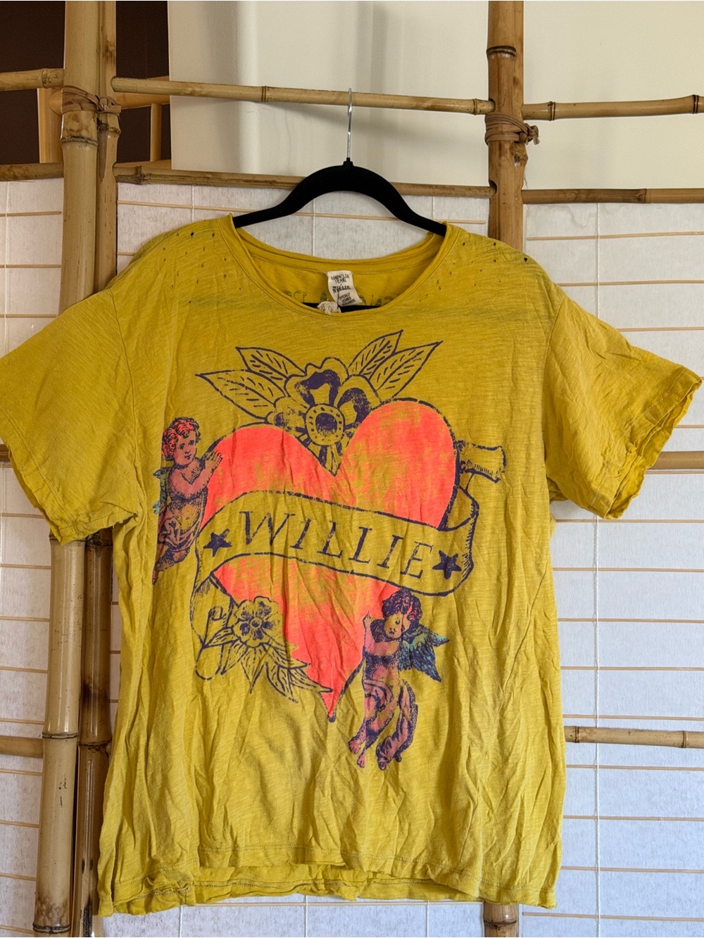 Magnolia Pearl Yellow Short-Sleeve Willie Nelson Tee with Pink Heart and Cherubs - Picture 4 of 6